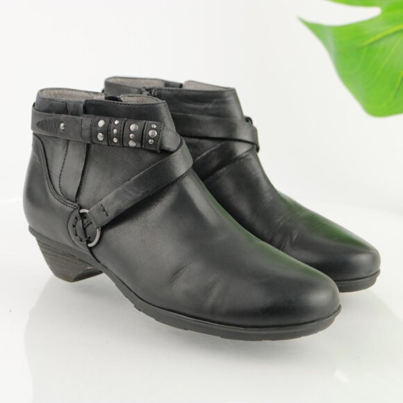 Abeo Womens Nancy Boot Size 6 N Black Leather Low Heel Moto Bootie Studded - Picture 1 of 12